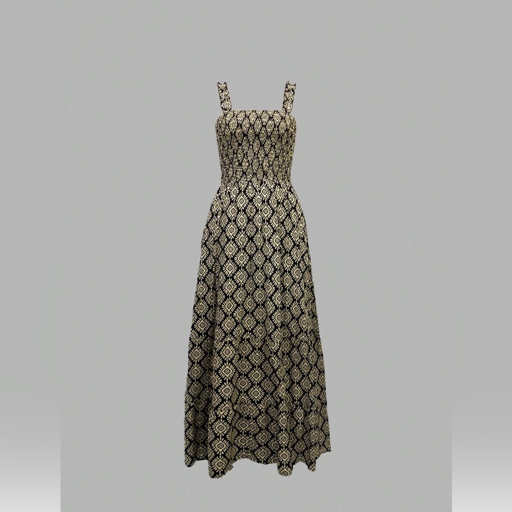 Bohemian Print Shirred Ruffle Hem Maxi Dress BLACK/WHITE - Picture 2 of 6